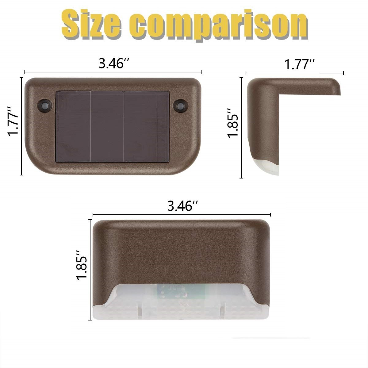 Four solar deck lights installed on a wooden patio, illuminating the pathway with a warm glow, showcasing their waterproof design.