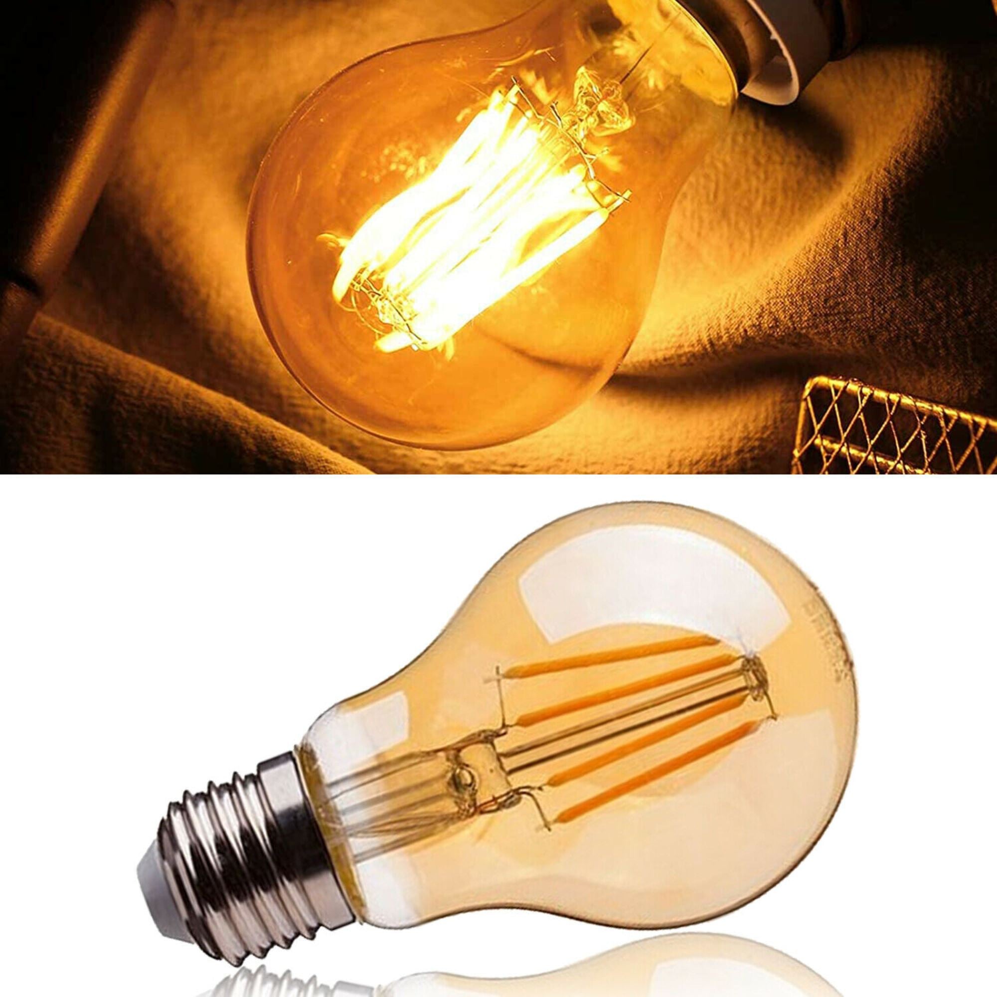 4W LED Light Bulbs A60 E26 Edison Bulb with warm white light, showcasing a classic filament design in a glass body.