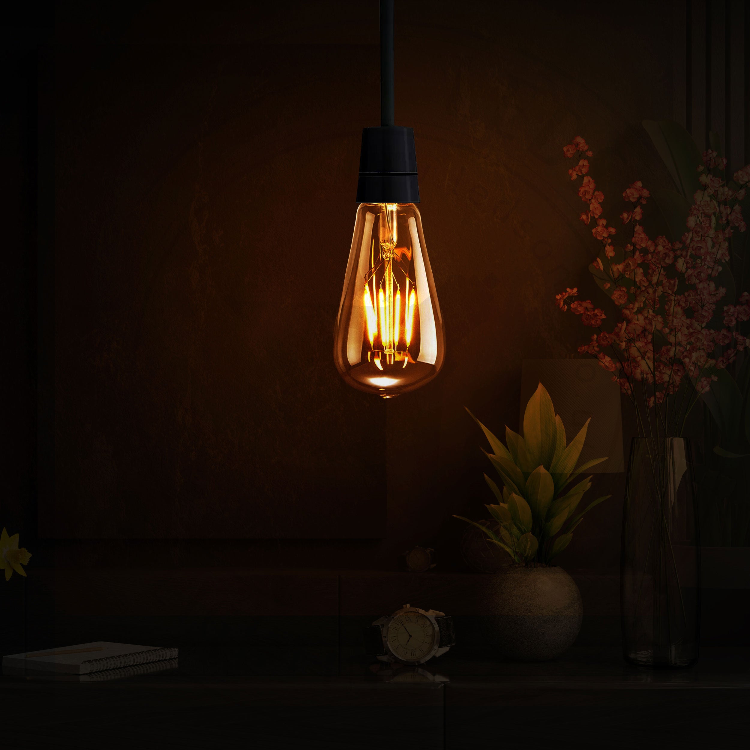 4W ST64 E27 Dimmable Vintage LED Bulb with retro filament design, showcasing its glass material and warm white glow.