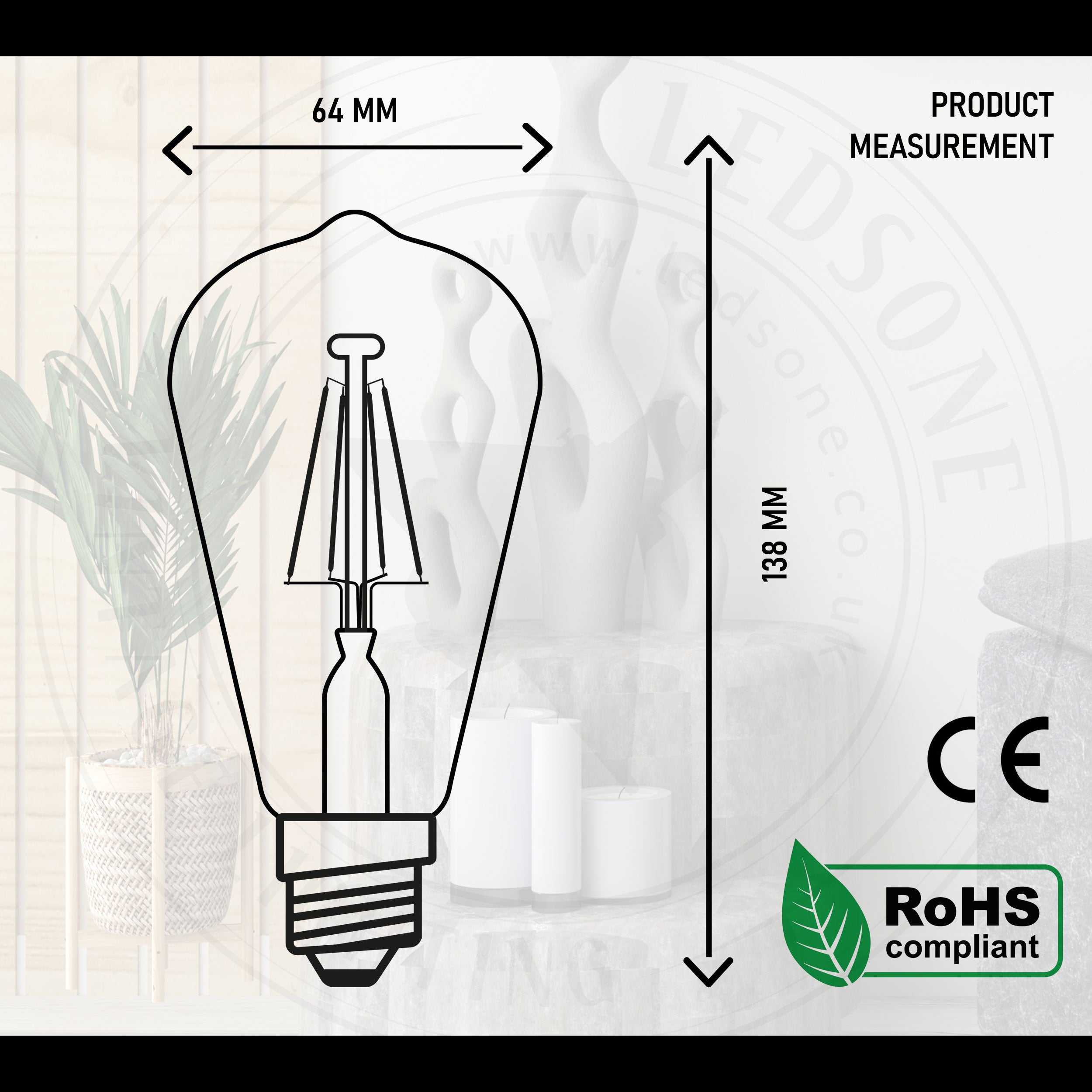 4W ST64 E27 Dimmable Vintage LED Bulb with retro filament design, showcasing its glass material and warm white glow.