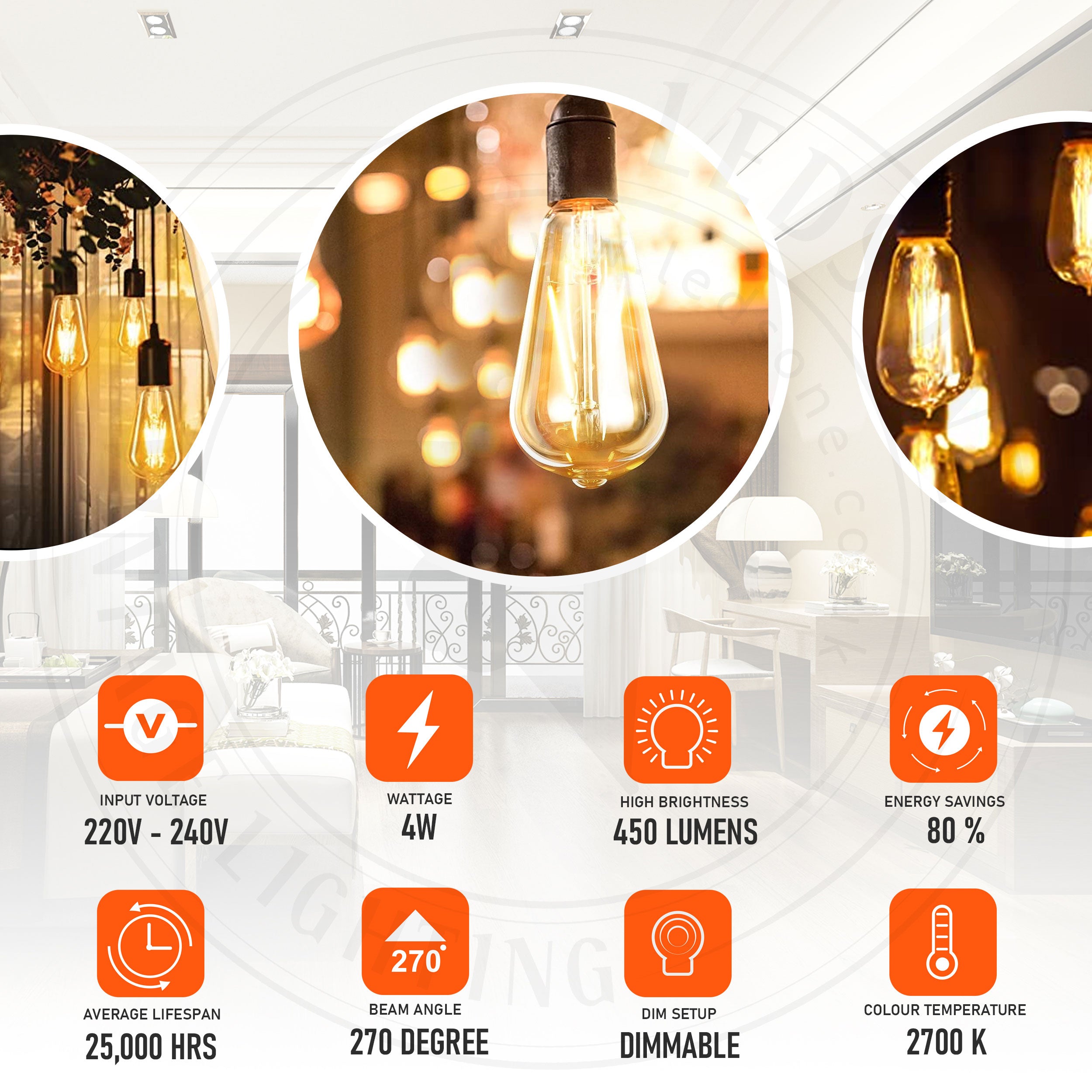 4W ST64 E27 Dimmable Vintage LED Bulb with retro filament design, showcasing its glass material and warm white glow.