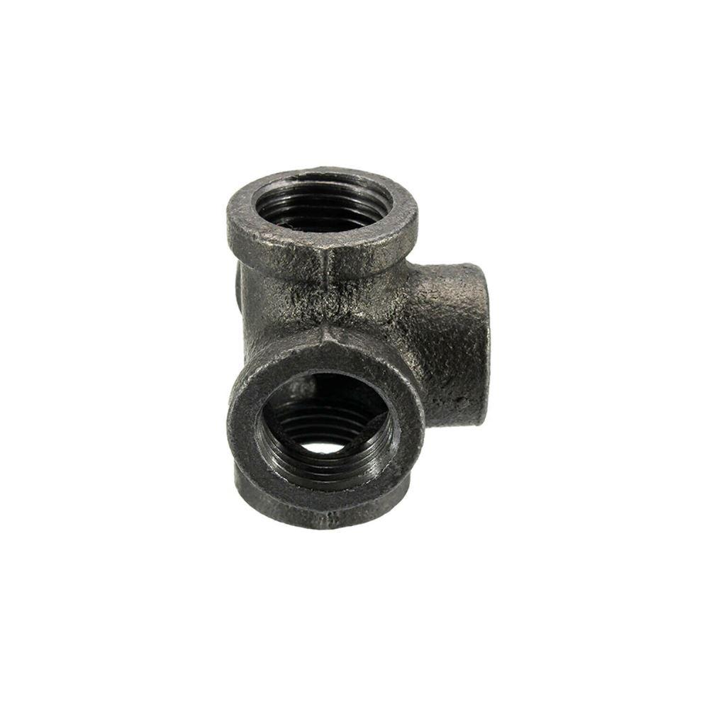 5 Way Pipe Fitting made of malleable iron, featuring a black finish and antique style, suitable for various decorative and industrial applications.