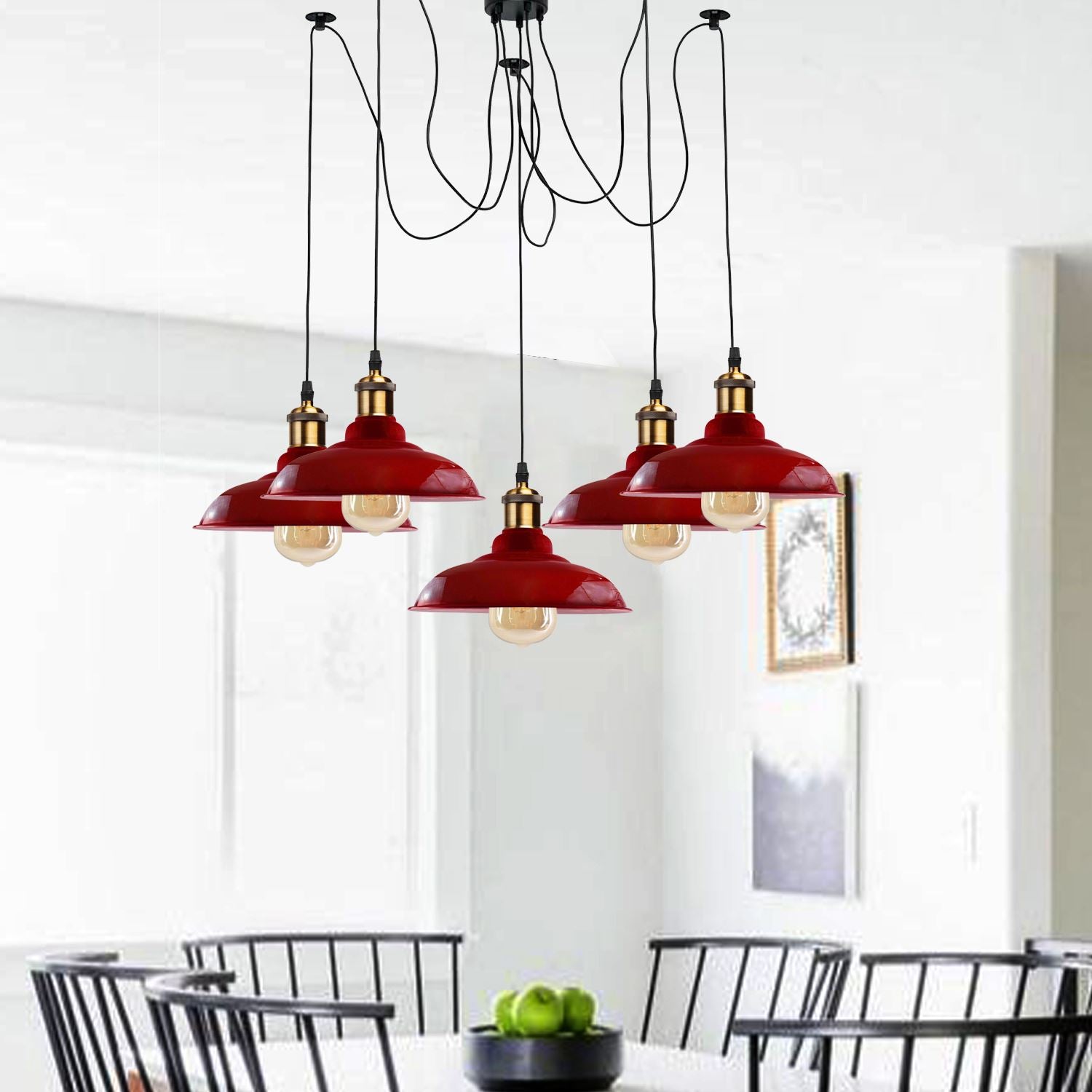 Vintage 5 Way Chandelier Spider Ceiling Fixture with curvy metal shades in various colors, showcasing its elegant design.