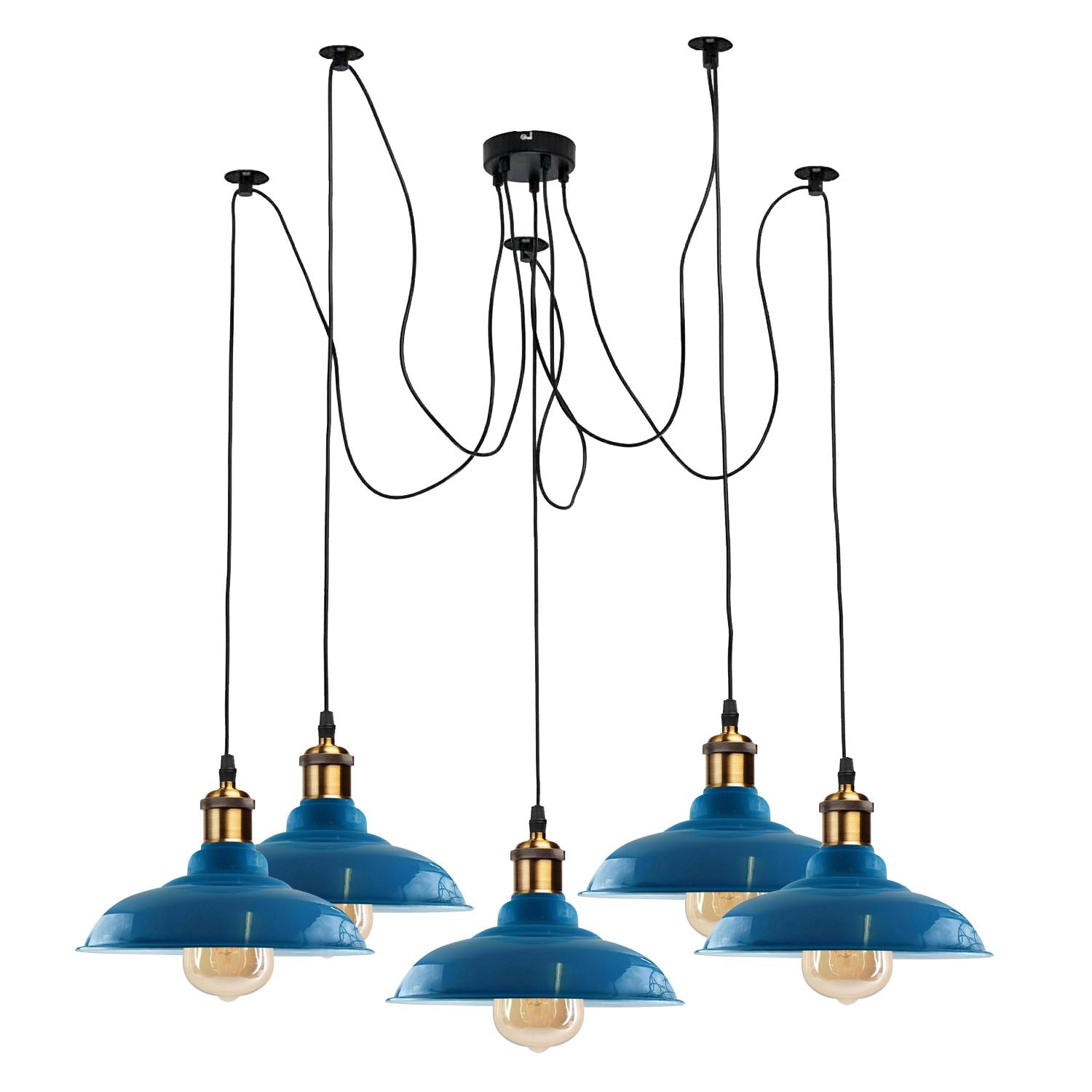 Vintage 5 Way Chandelier Spider Ceiling Fixture with curvy metal shades in various colors, showcasing its elegant design.