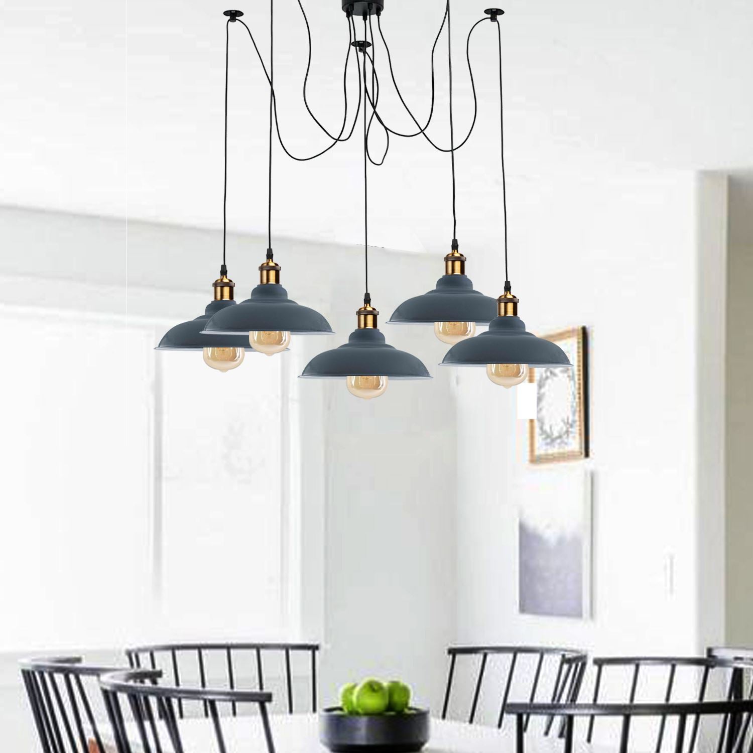 Vintage 5 Way Chandelier Spider Ceiling Fixture with curvy metal shades in various colors, showcasing its elegant design.