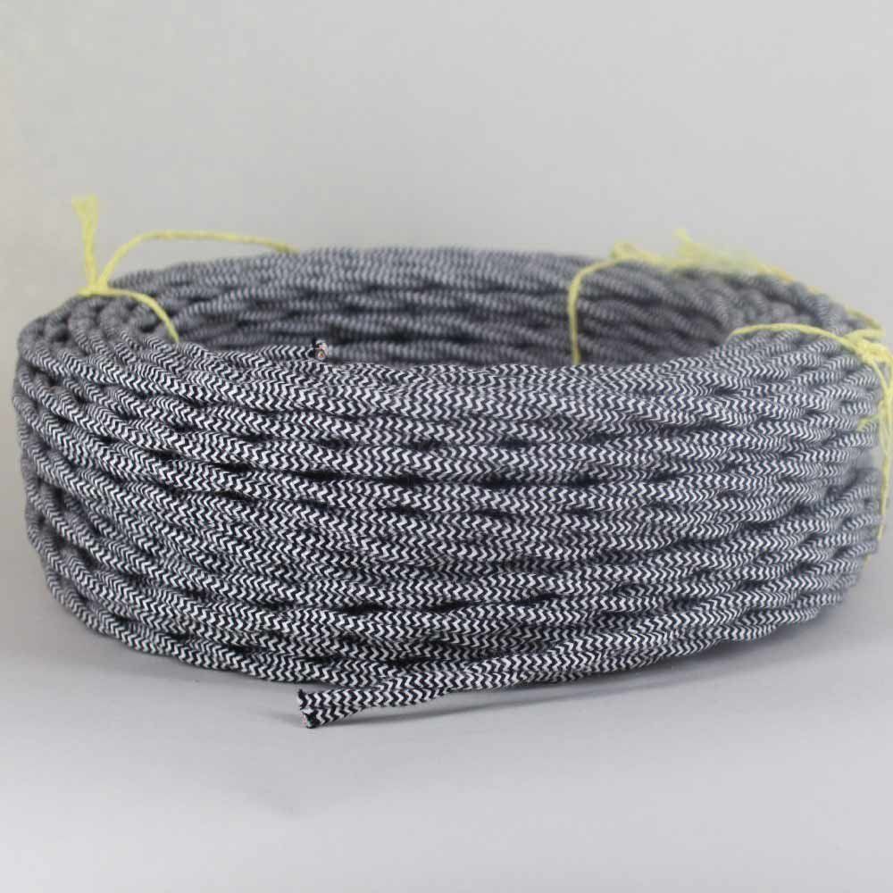 5m black and white twisted electric fabric cable, ideal for vintage lighting projects.
