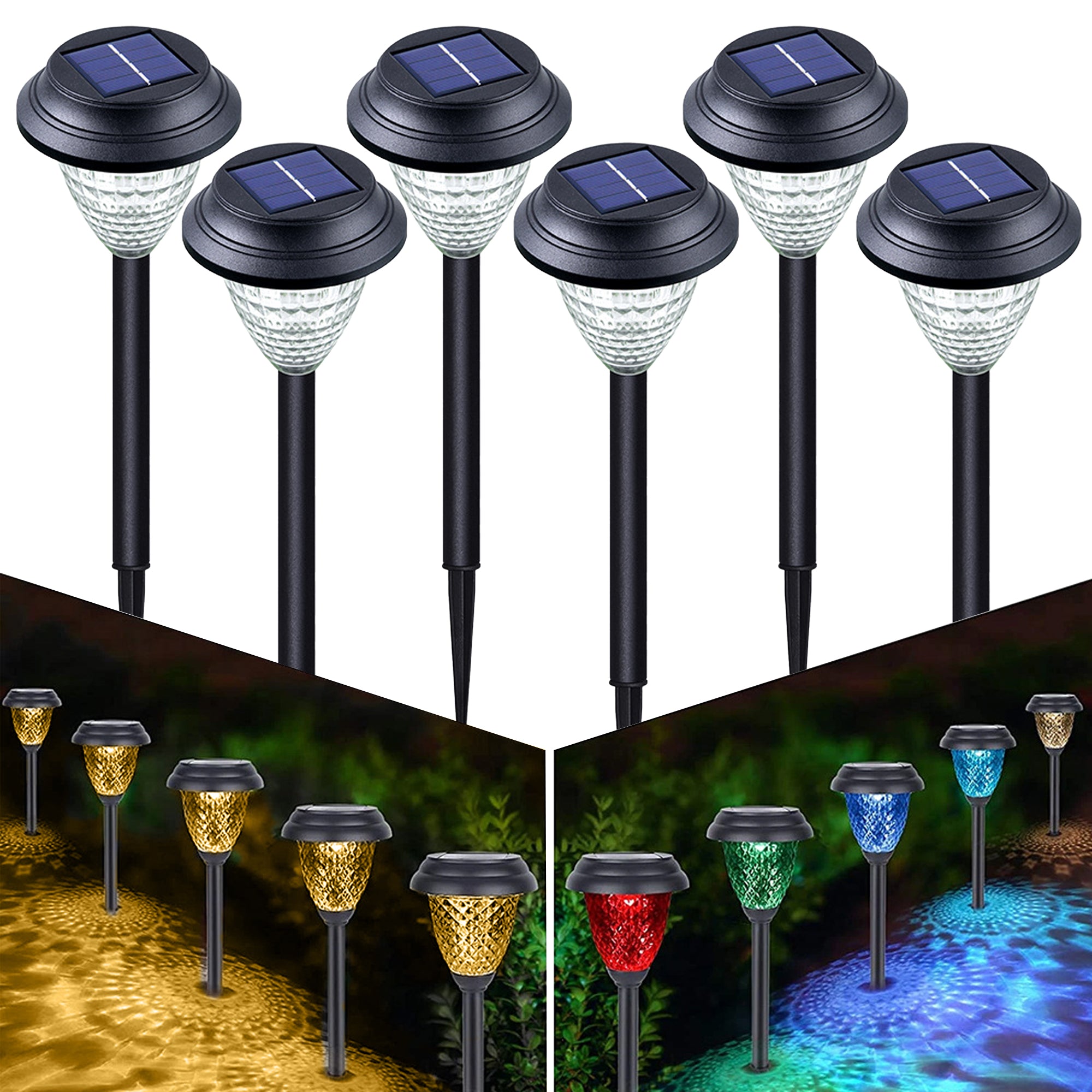 A set of 6/12 solar pathway lights showcasing a dynamic starry pattern on the ground, made of durable ABS and stainless steel, ideal for outdoor use.