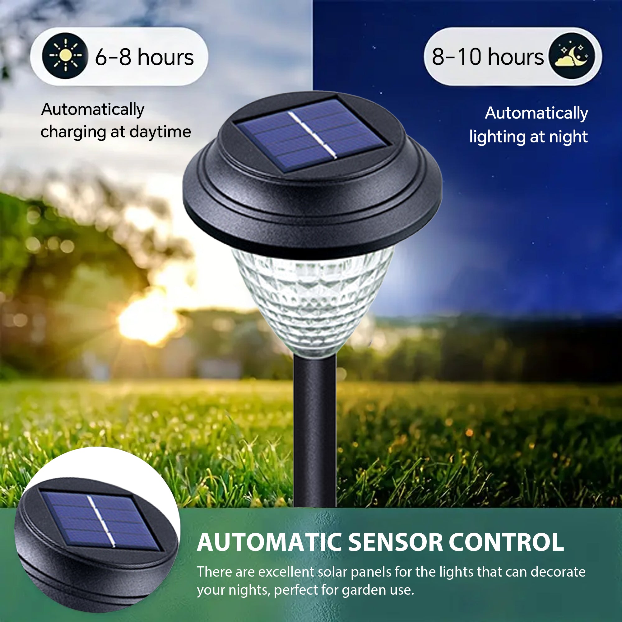 A set of 6/12 solar pathway lights showcasing a dynamic starry pattern on the ground, made of durable ABS and stainless steel, ideal for outdoor use.