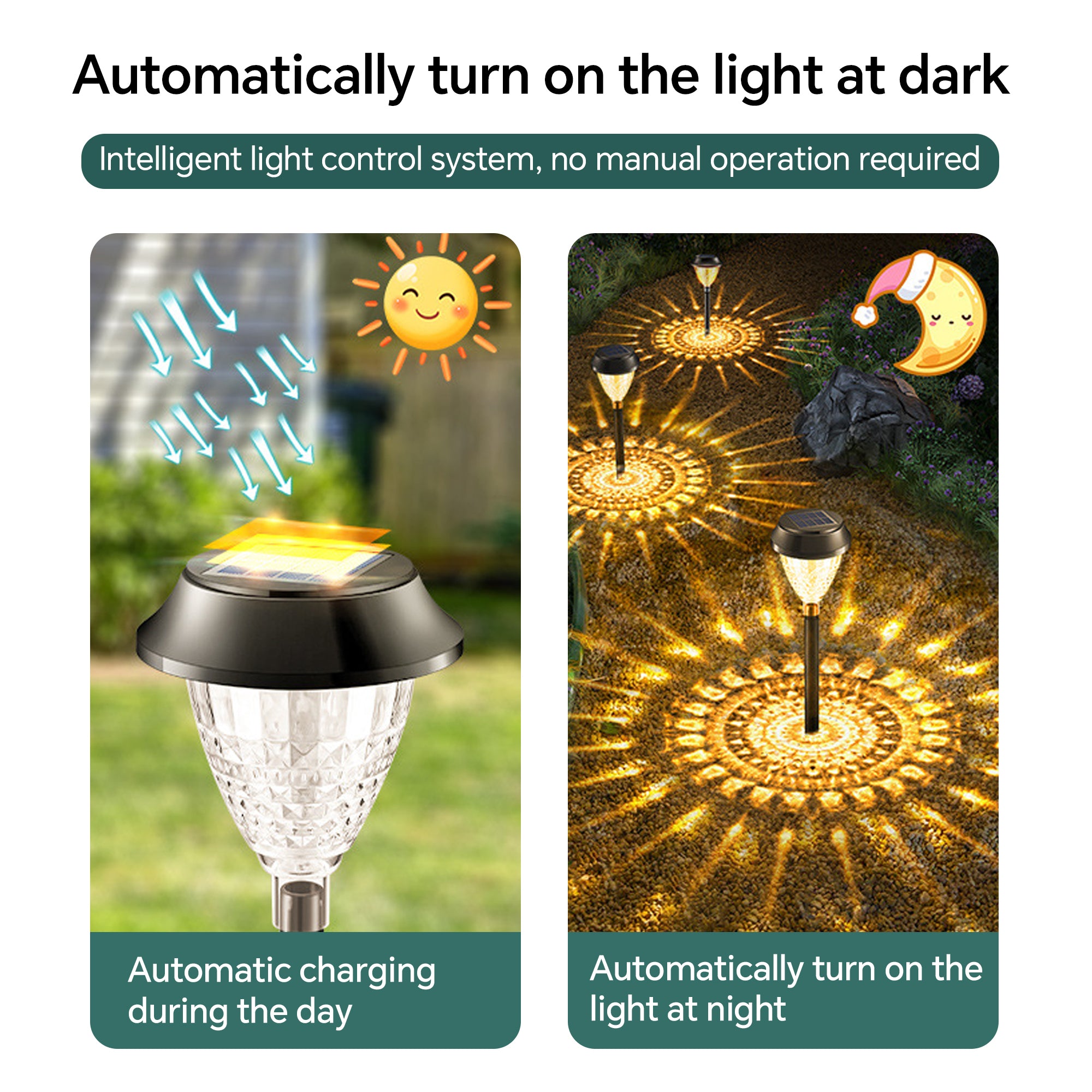 A set of 6/12 solar pathway lights showcasing a dynamic starry pattern on the ground, made of durable ABS and stainless steel, ideal for outdoor use.