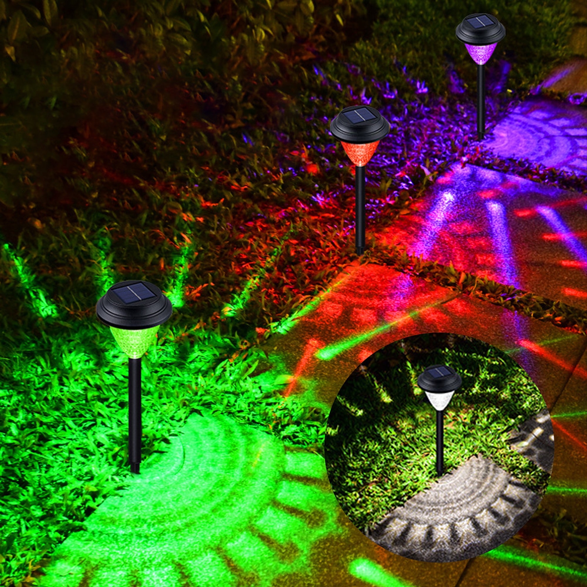 A set of 6/12 solar pathway lights showcasing a dynamic starry pattern on the ground, made of durable ABS and stainless steel, ideal for outdoor use.