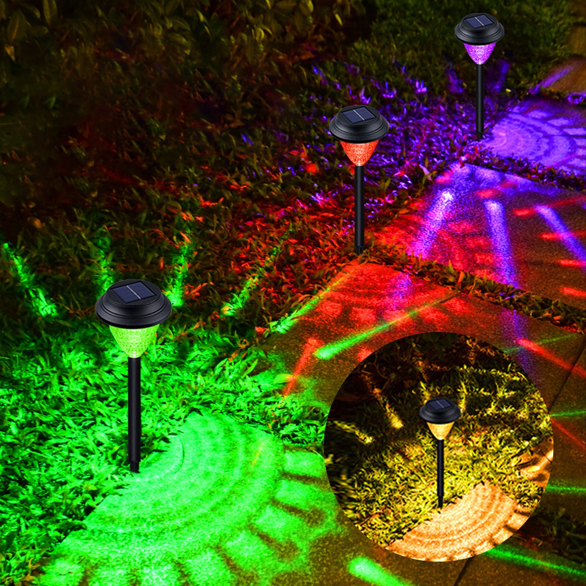 A set of 6/12 solar pathway lights showcasing a dynamic starry pattern on the ground, made of durable ABS and stainless steel, ideal for outdoor use.