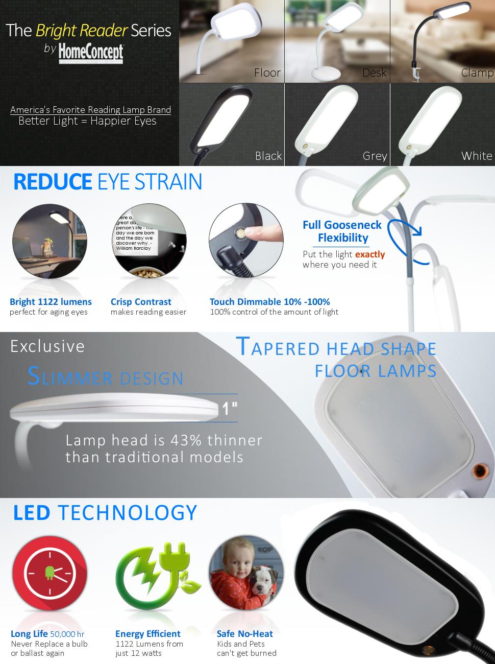 A sleek 63-inch slim design LED floor lamp with a flexible gooseneck, emitting bright natural daylight, perfect for reading and hobbies.