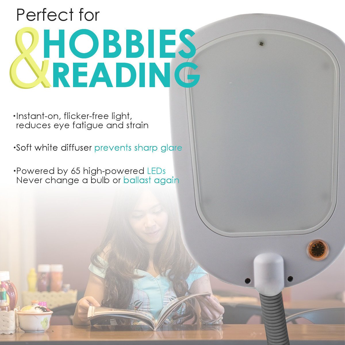 A 63-inch slim design LED floor lamp with a flexible gooseneck, featuring a soft white diffuser and a sturdy weighted base, ideal for reading and hobbies.