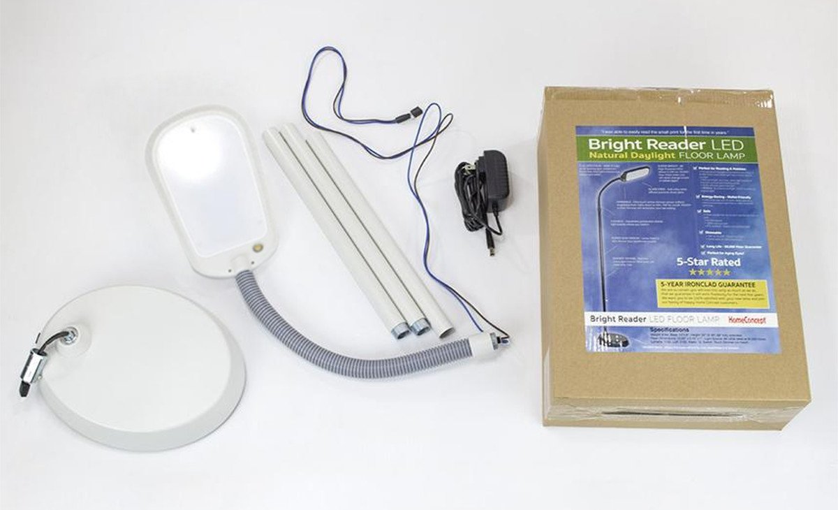 A 63-inch slim design LED floor lamp with a flexible gooseneck, featuring a soft white diffuser and a sturdy weighted base, ideal for reading and hobbies.