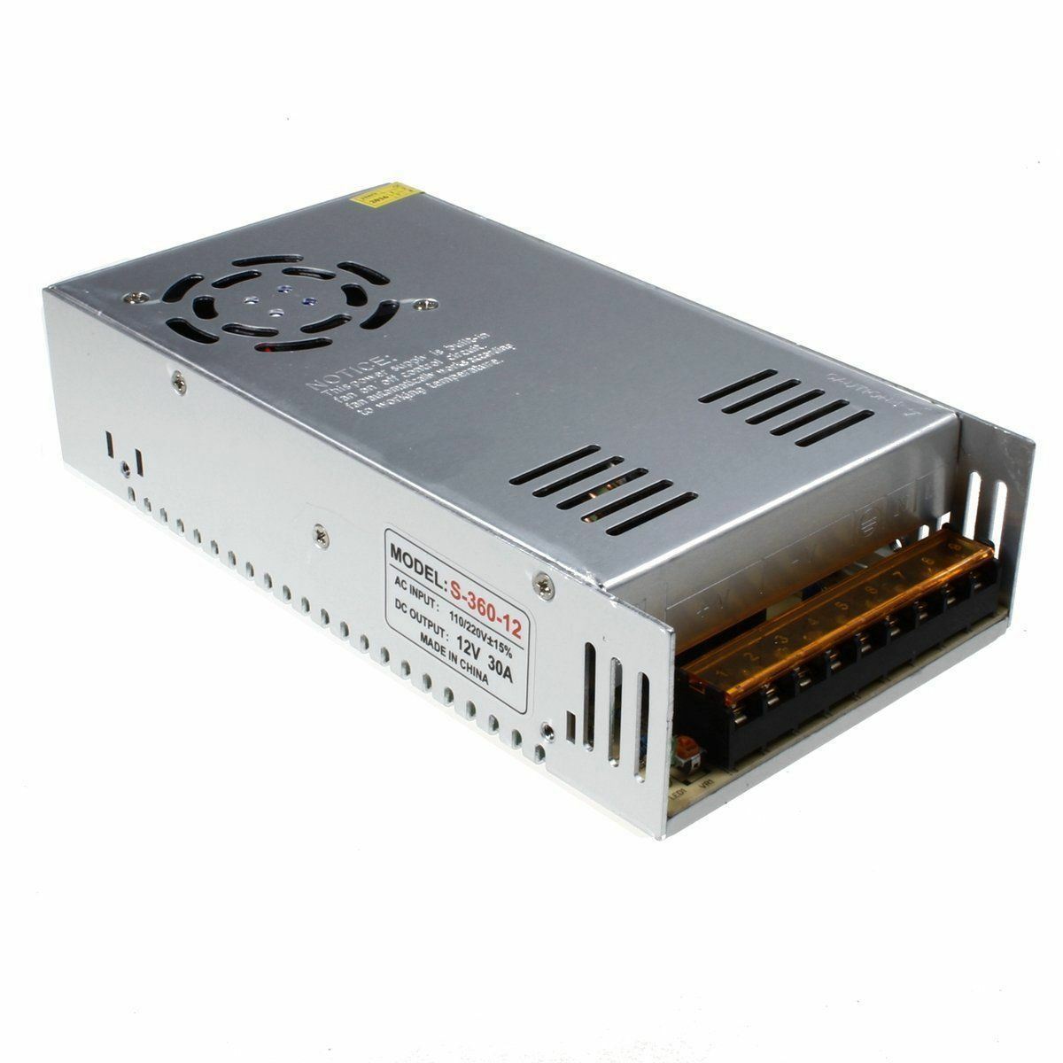 AC to DC 12V regulated switching power supply with cooling fan and safety features, ideal for LED applications.