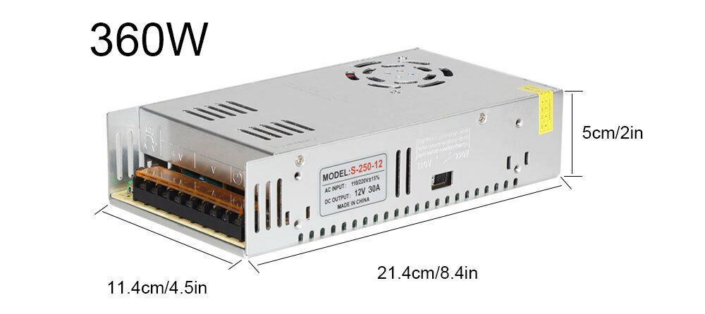 AC to DC 12V regulated switching power supply with cooling fan and safety features, ideal for LED applications.