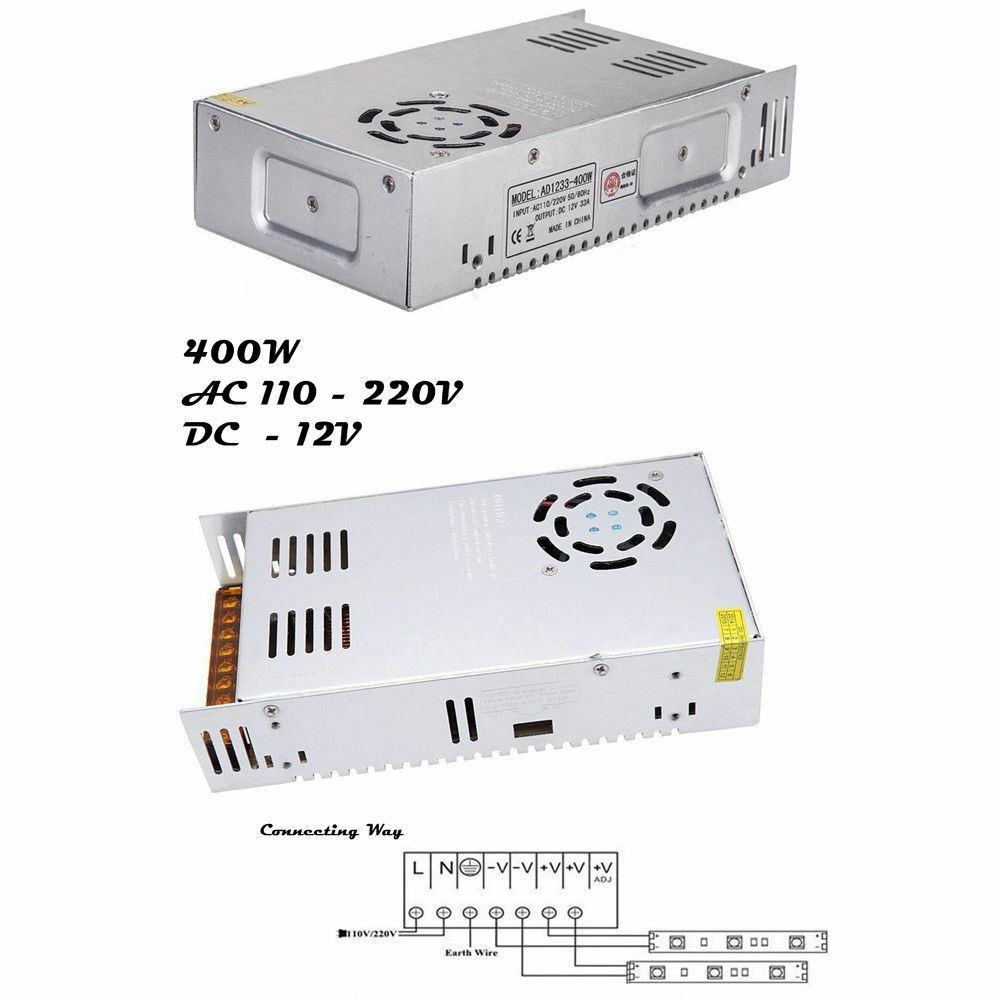 AC to DC 12V regulated switching power supply with cooling fan and safety features, ideal for LED applications.