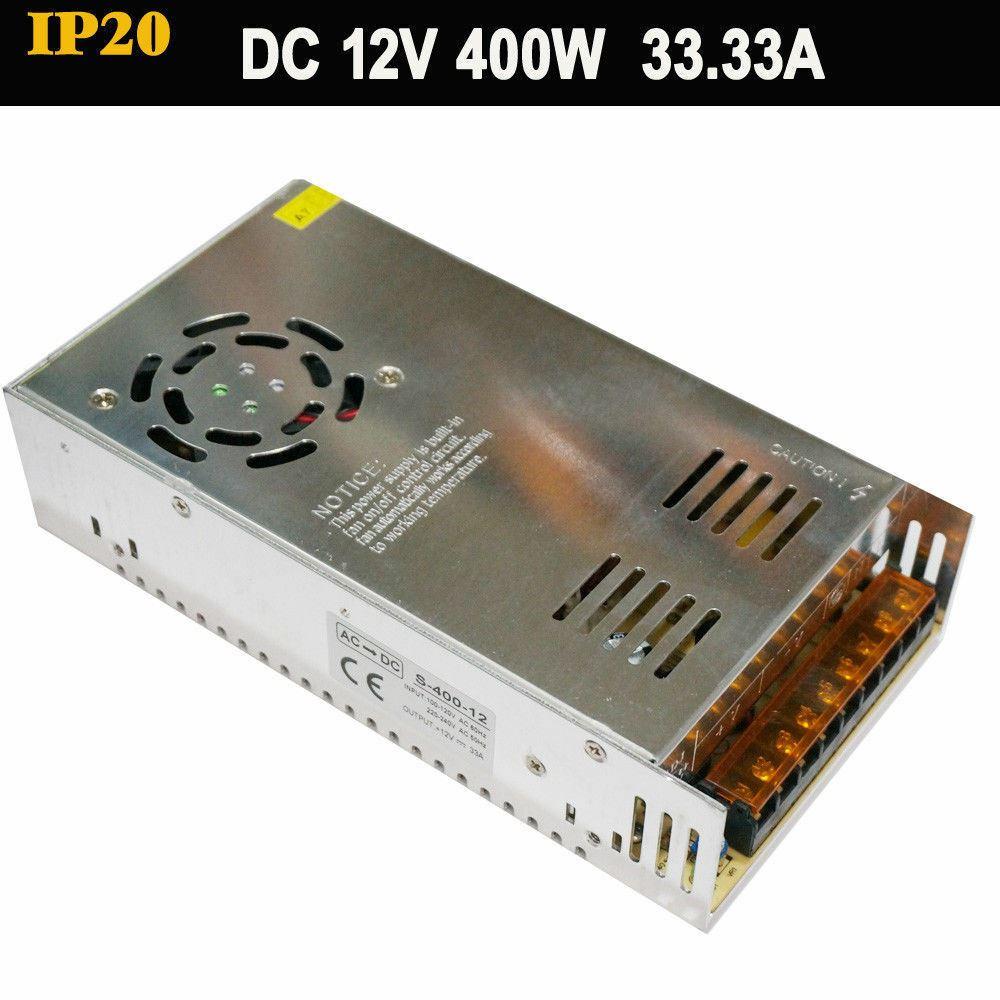 AC to DC 12V regulated switching power supply with cooling fan and safety features, ideal for LED applications.