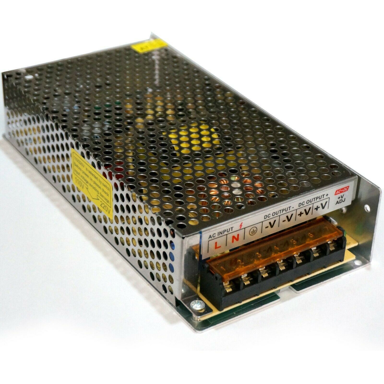 AC to DC 12V regulated switching power supply with cooling fan and safety features, ideal for LED applications.