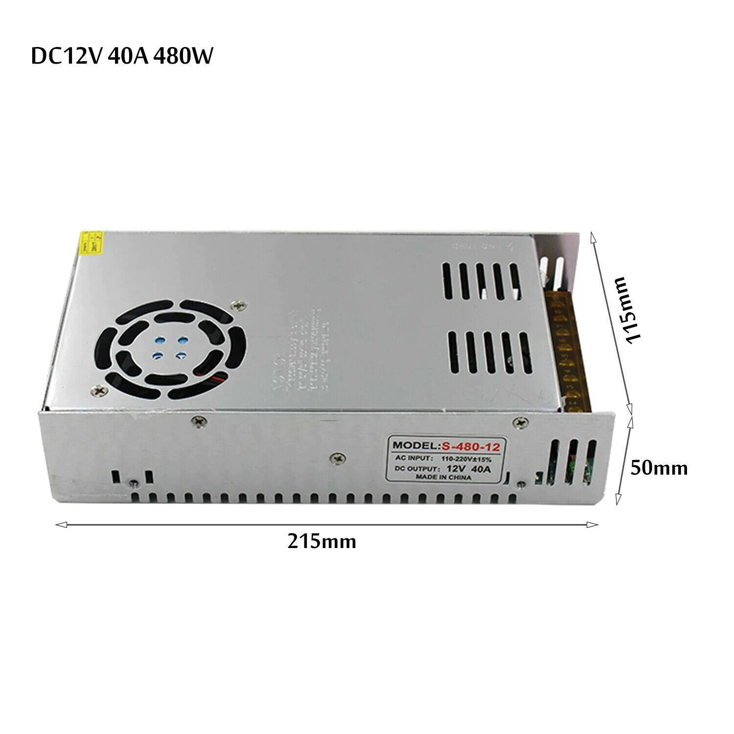 AC to DC 12V regulated switching power supply with cooling fan and safety features, ideal for LED applications.