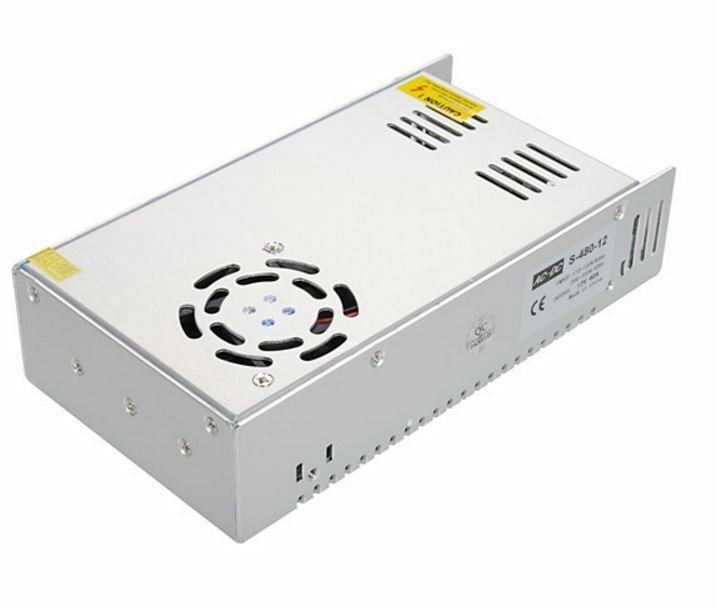 AC to DC 12V regulated switching power supply with cooling fan and safety features, ideal for LED applications.