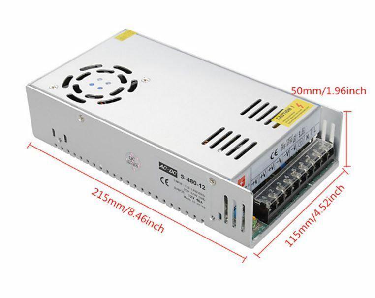 AC to DC 12V regulated switching power supply with cooling fan and safety features, ideal for LED applications.