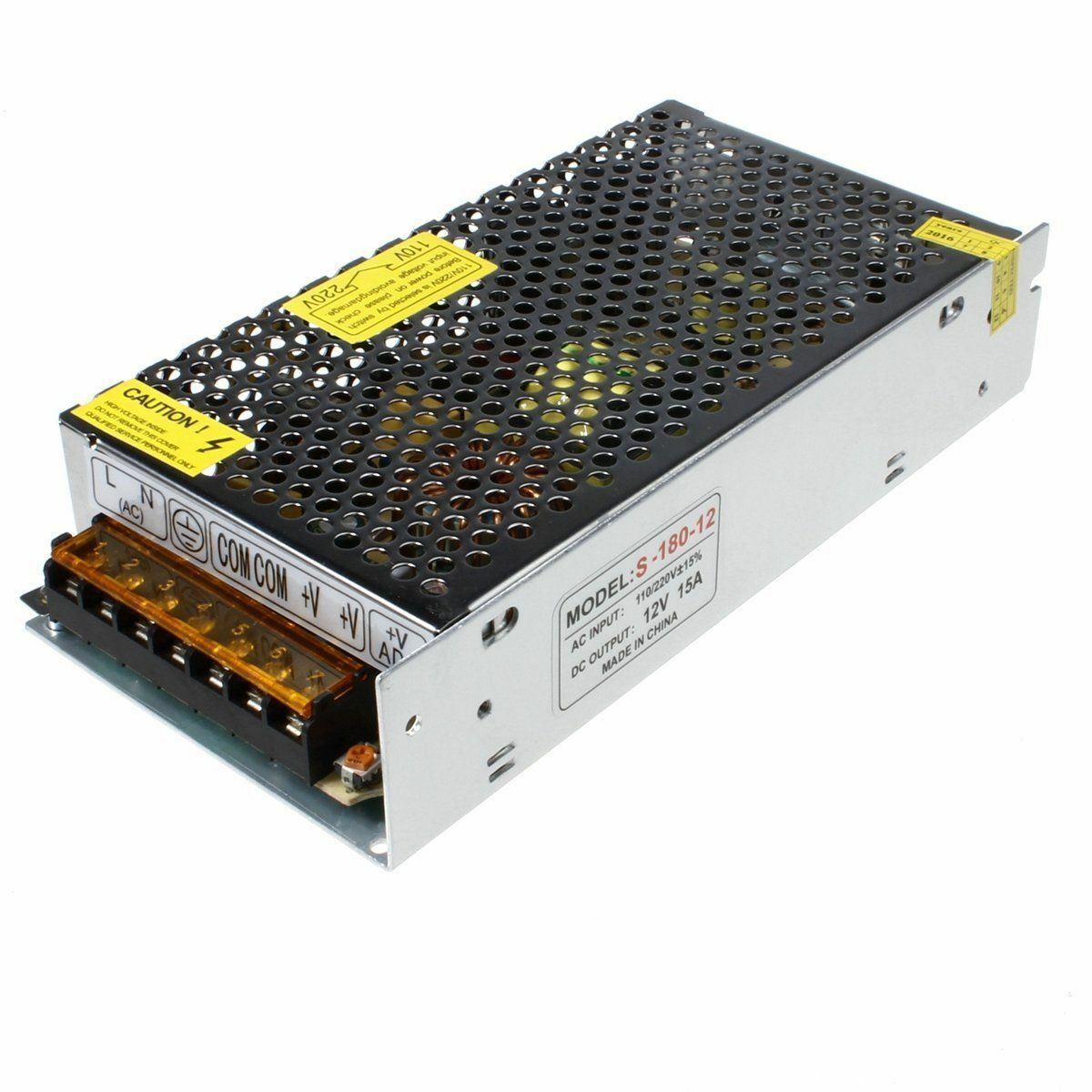 AC to DC 12V regulated switching power supply with cooling fan and safety features, ideal for LED applications.