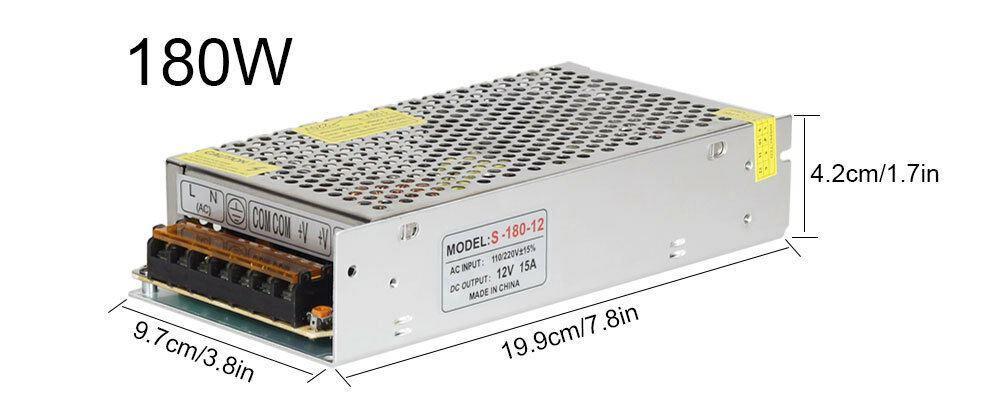 AC to DC 12V regulated switching power supply with cooling fan and safety features, ideal for LED applications.