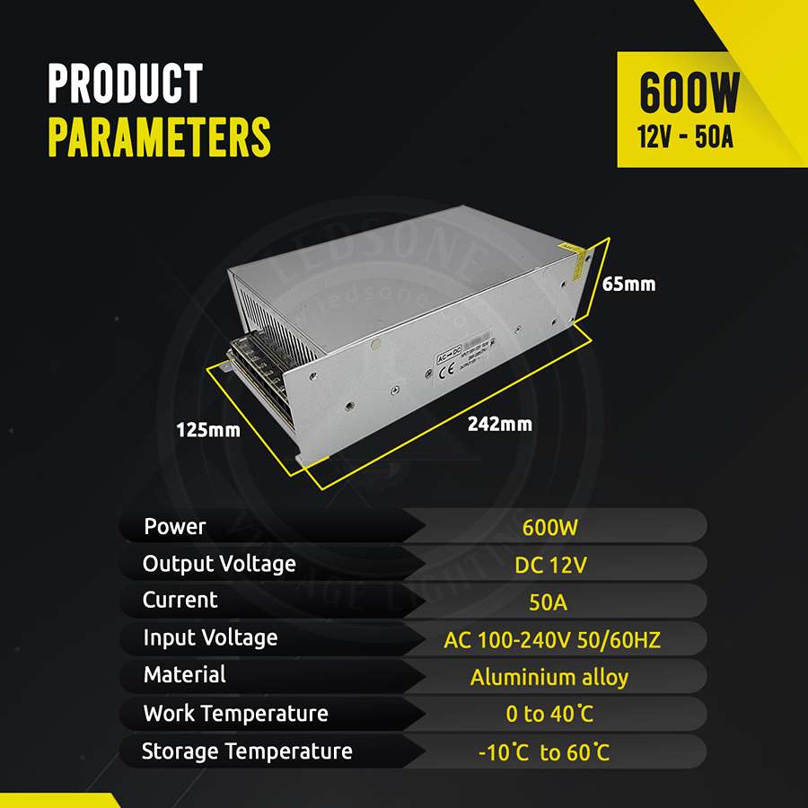 AC to DC 12V regulated switching power supply with cooling fan and safety features, ideal for LED applications.
