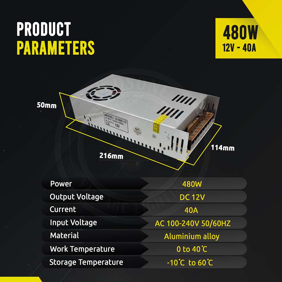 AC to DC 12V regulated switching power supply with cooling fan and safety features, ideal for LED applications.