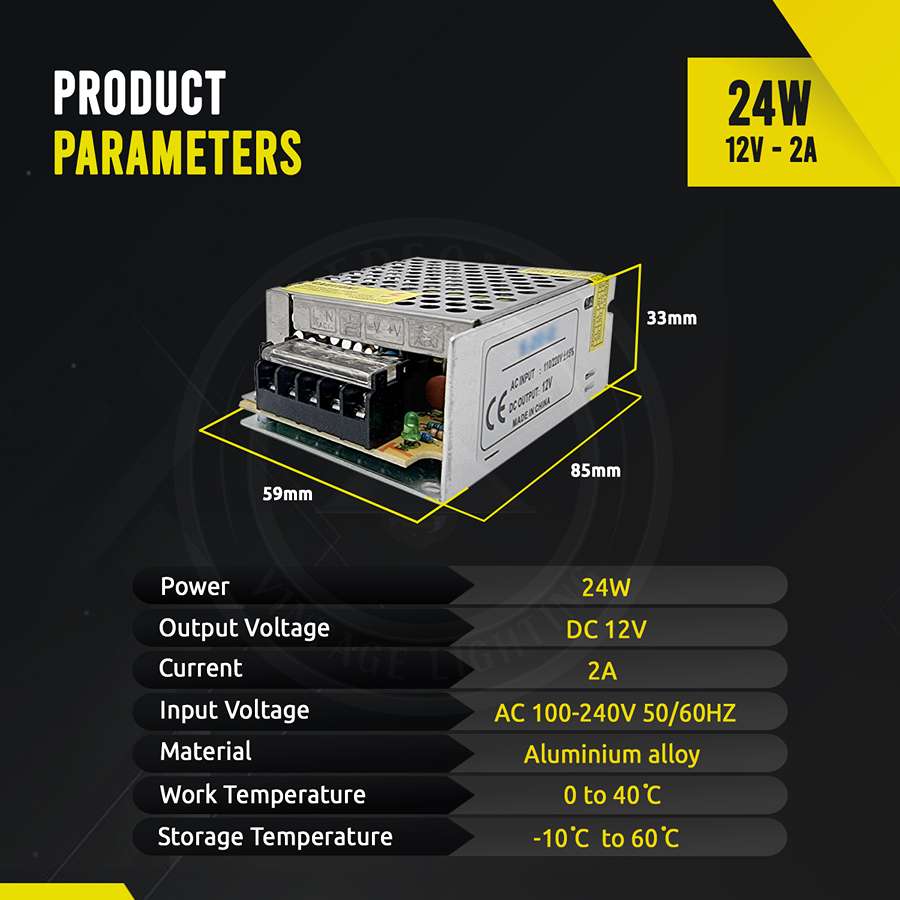 AC to DC 12V regulated switching power supply with cooling fan and safety features, ideal for LED applications.