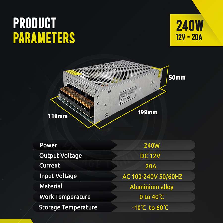 AC to DC 12V regulated switching power supply with cooling fan and safety features, ideal for LED applications.