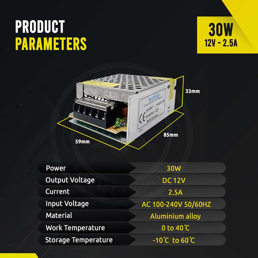 AC to DC 12V regulated switching power supply with cooling fan and safety features, ideal for LED applications.