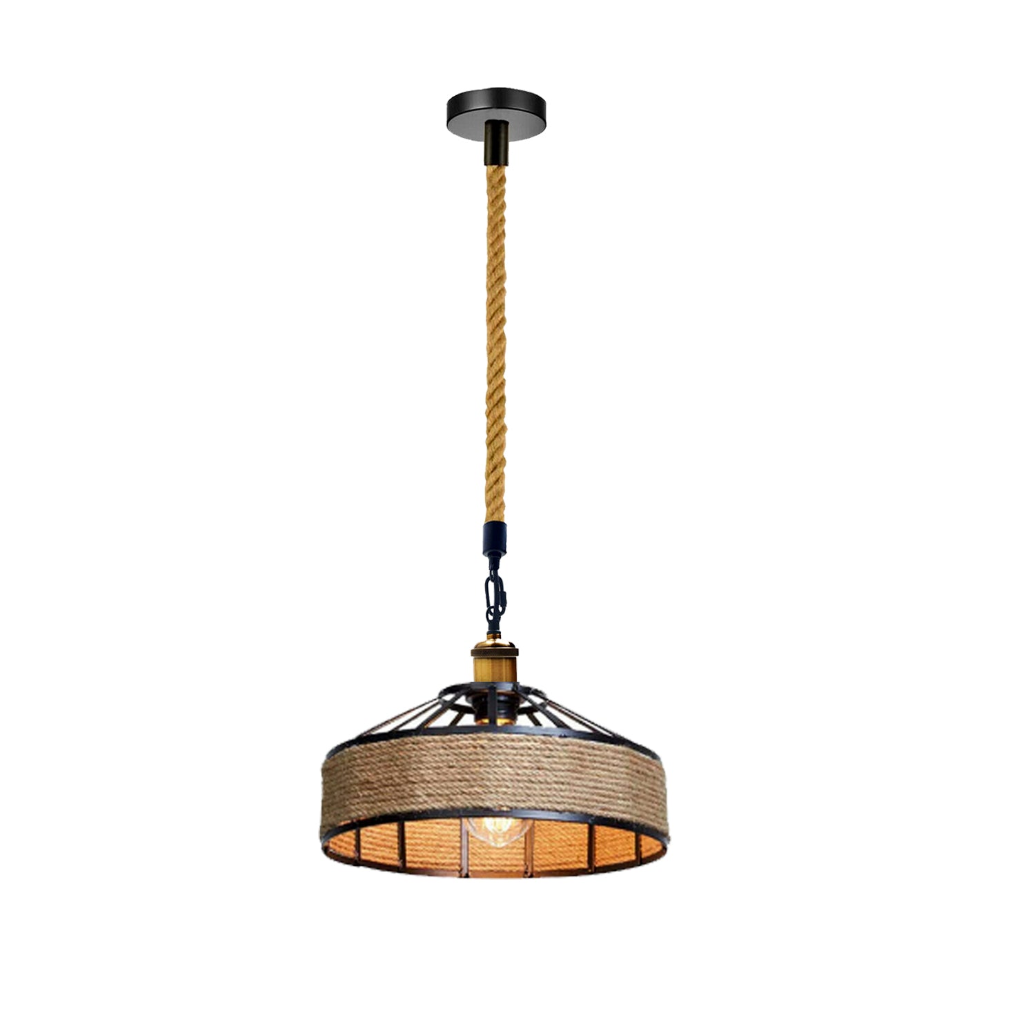 Adjustable Hemp Rope Pendant Light showcasing a unique design with hemp rope wrapped around a metal frame, ideal for living rooms and cafés.