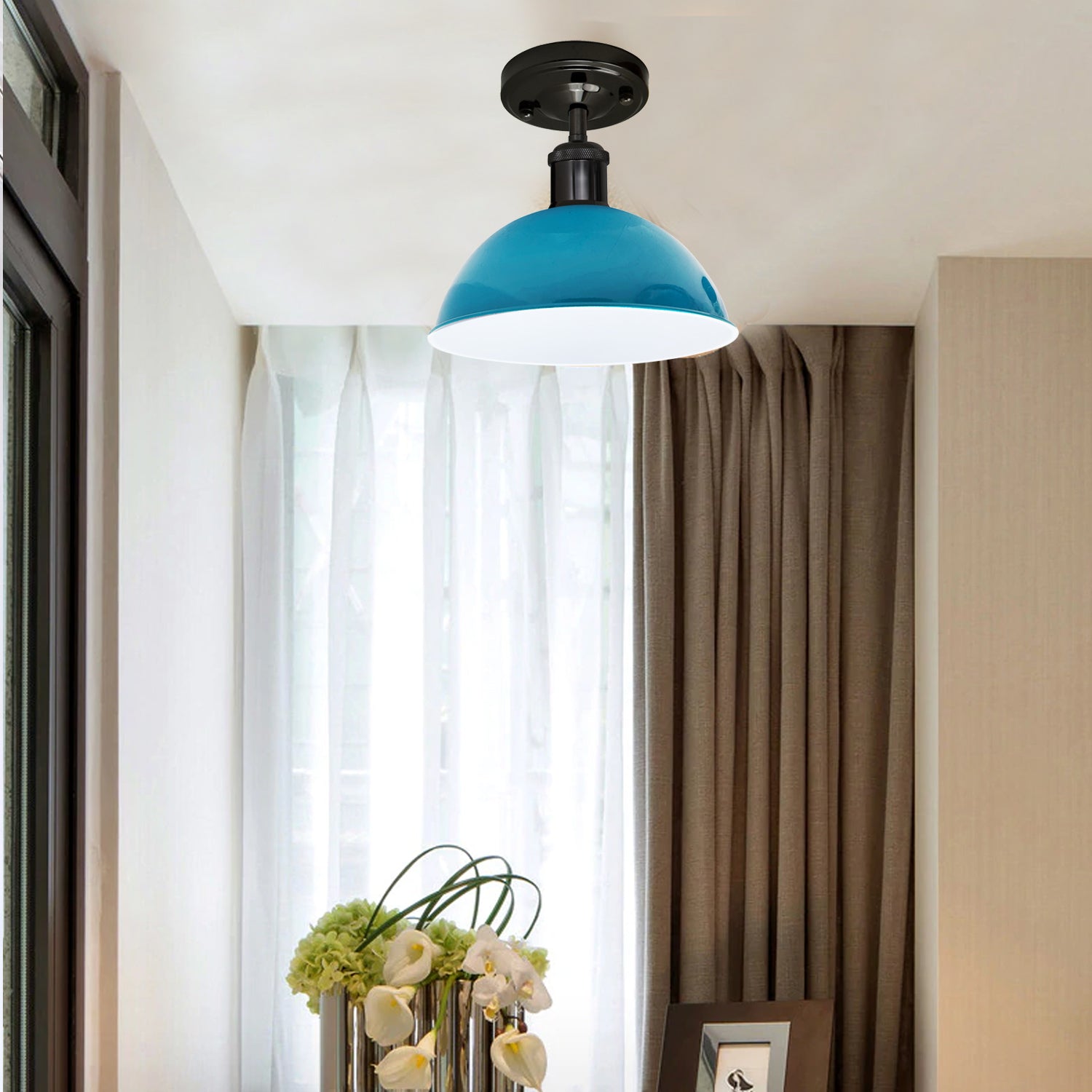 Affordable light blue ceiling light shade with shiny black accents, perfect for home and commercial decor.