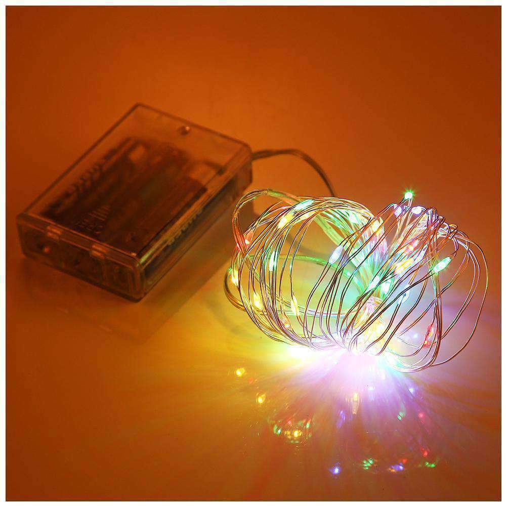 AMZER Fairy String Light featuring 50 LED lights on a flexible copper wire, designed for waterproof use and battery operation, ideal for decoration.