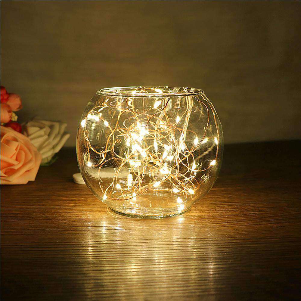 AMZER Fairy String Light featuring 50 LED lights on a flexible copper wire, designed for waterproof use and battery operation, ideal for decoration.