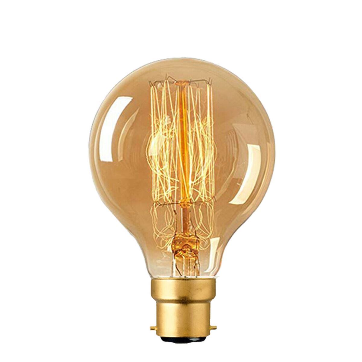 Edison Vintage Light Bulb with B22 bayonet fitting, showcasing a warm yellow glow and classic filament design.