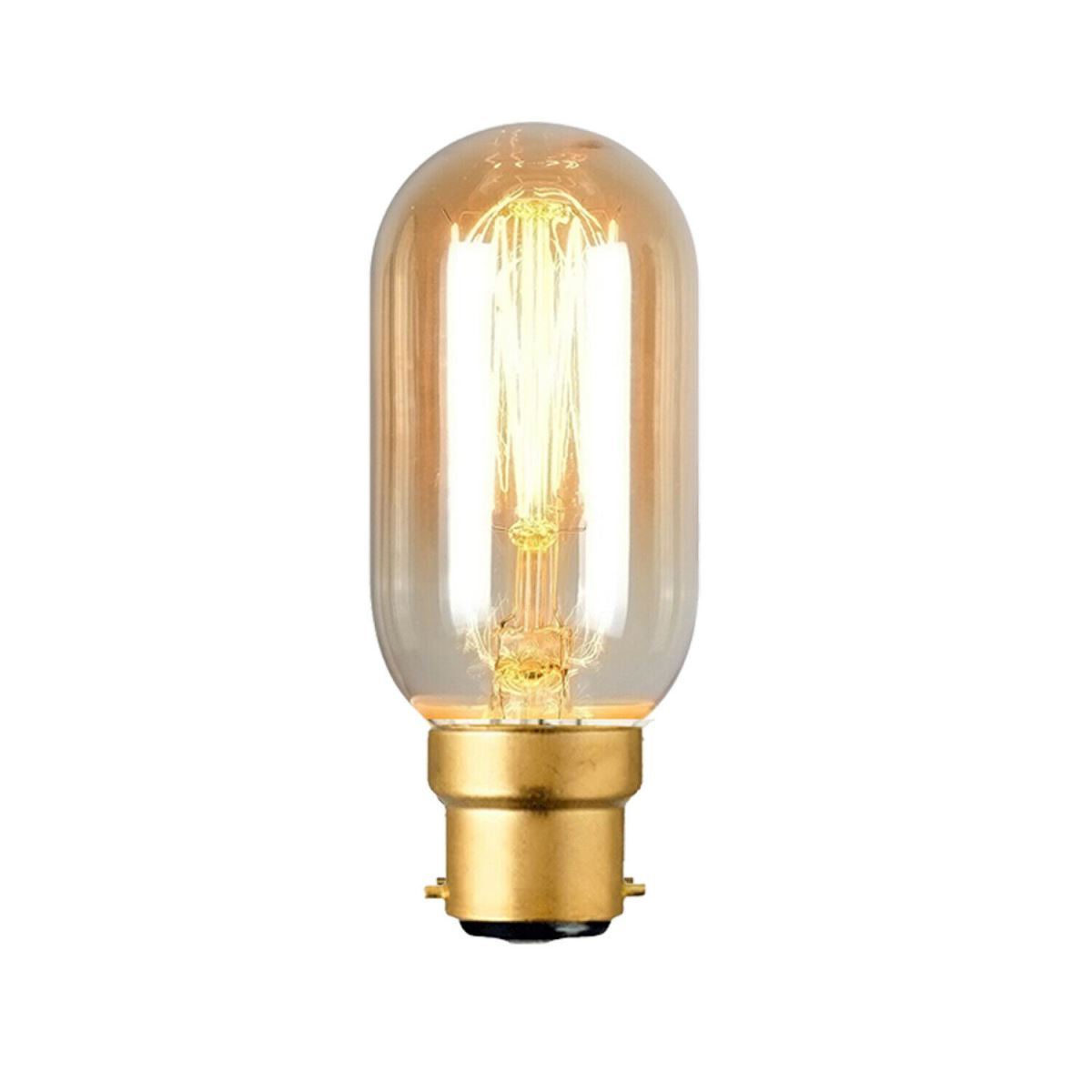 Edison Vintage Light Bulb with B22 bayonet fitting, showcasing a warm yellow glow and classic filament design.