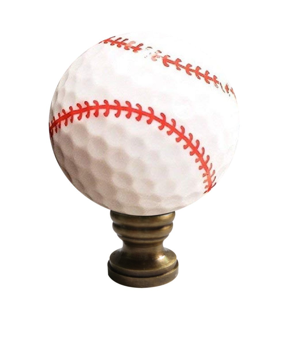 Baseball Lamp Finial featuring a white design with red stitching, crafted in antiqued brass finish, measuring 2.25 inches high.