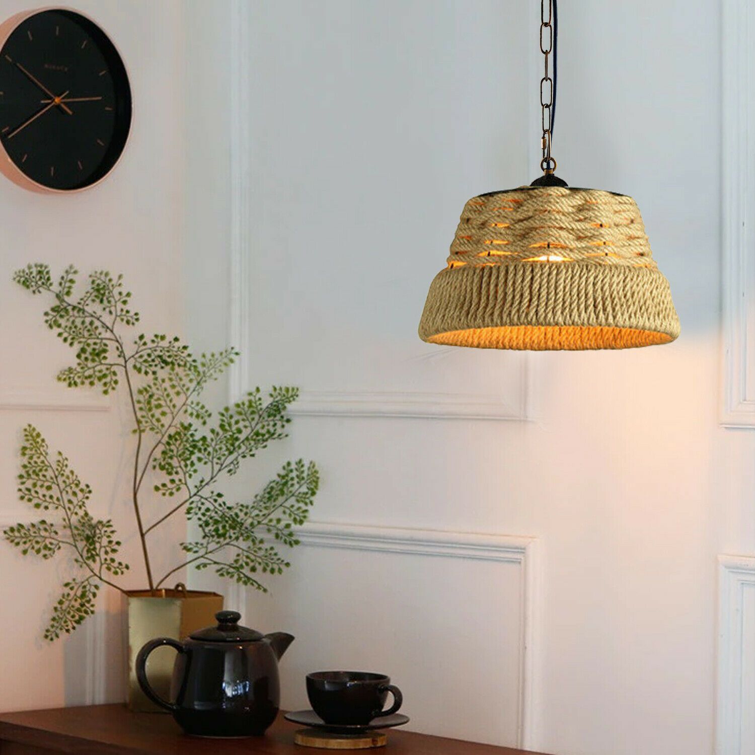 Basket Shape Ceiling Pendant Light made of hemp rope and metal, featuring an E27 lamp base, ideal for home and cafe decor.