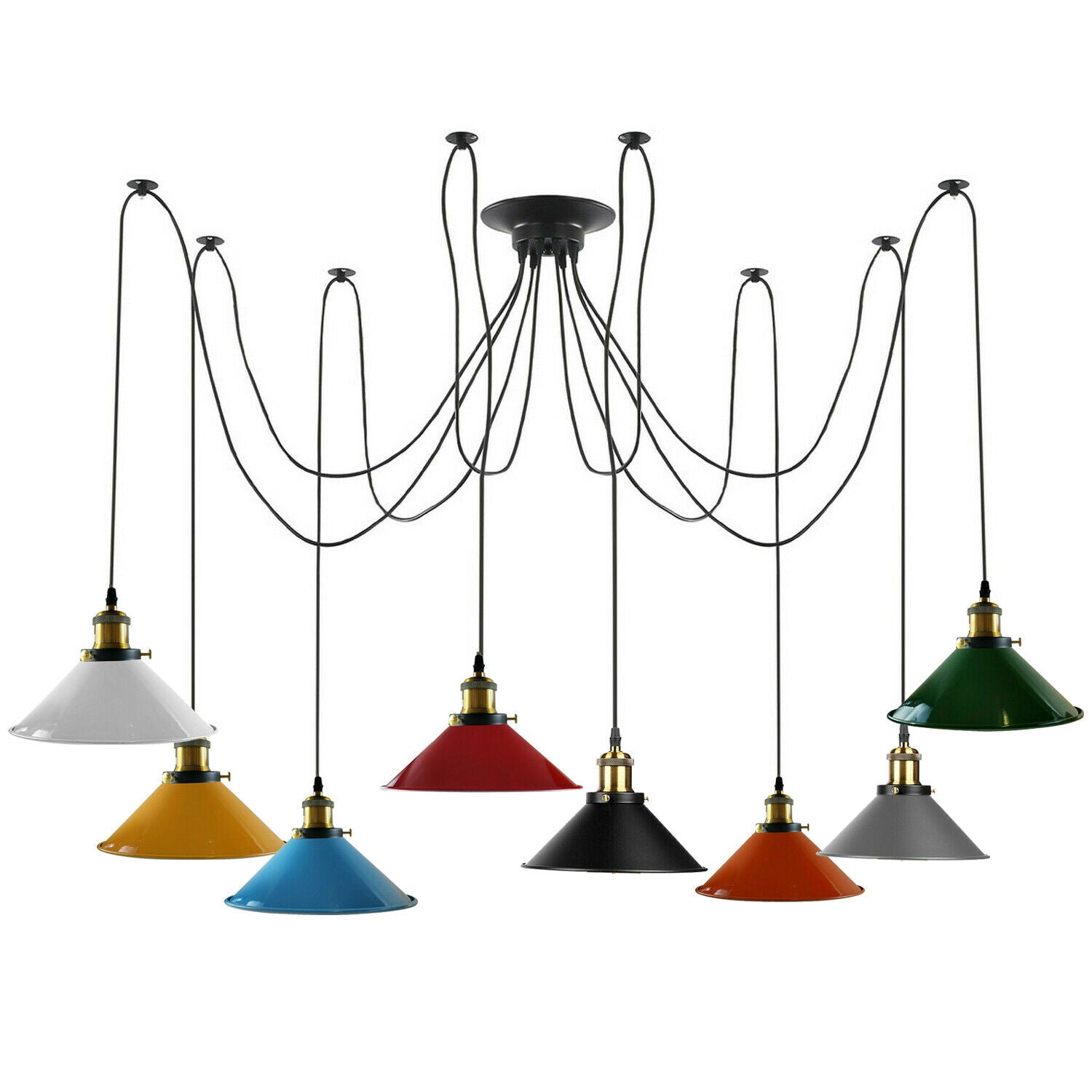Vintage Industrial Spider Light with 8 hanging E27 bulb holders in various colors, showcasing a stylish and modern design.
