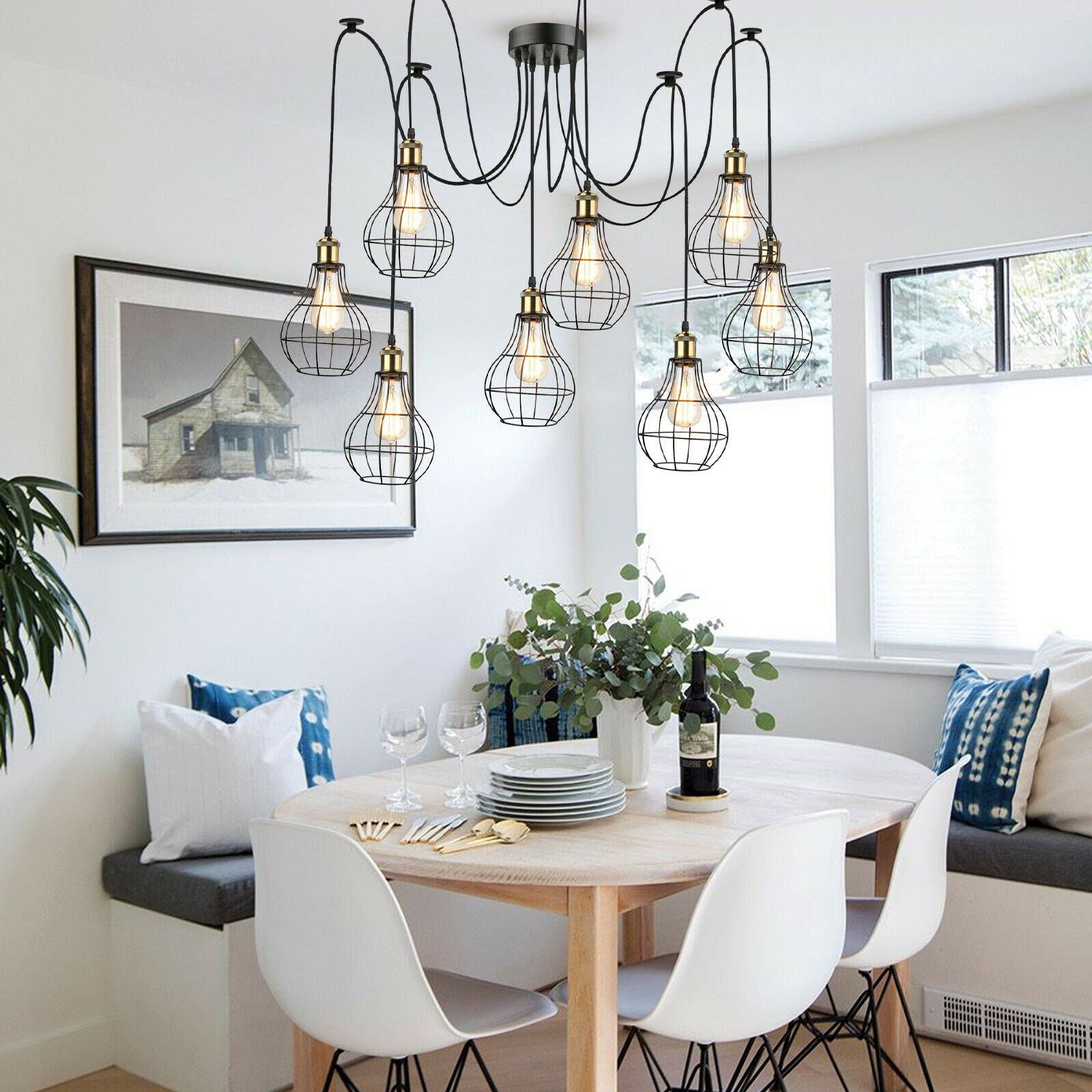 Vintage Industrial 8 Black Way Pendant Ceiling Light with eight lamp holders and a sleek black finish, ideal for home and cafe decor.