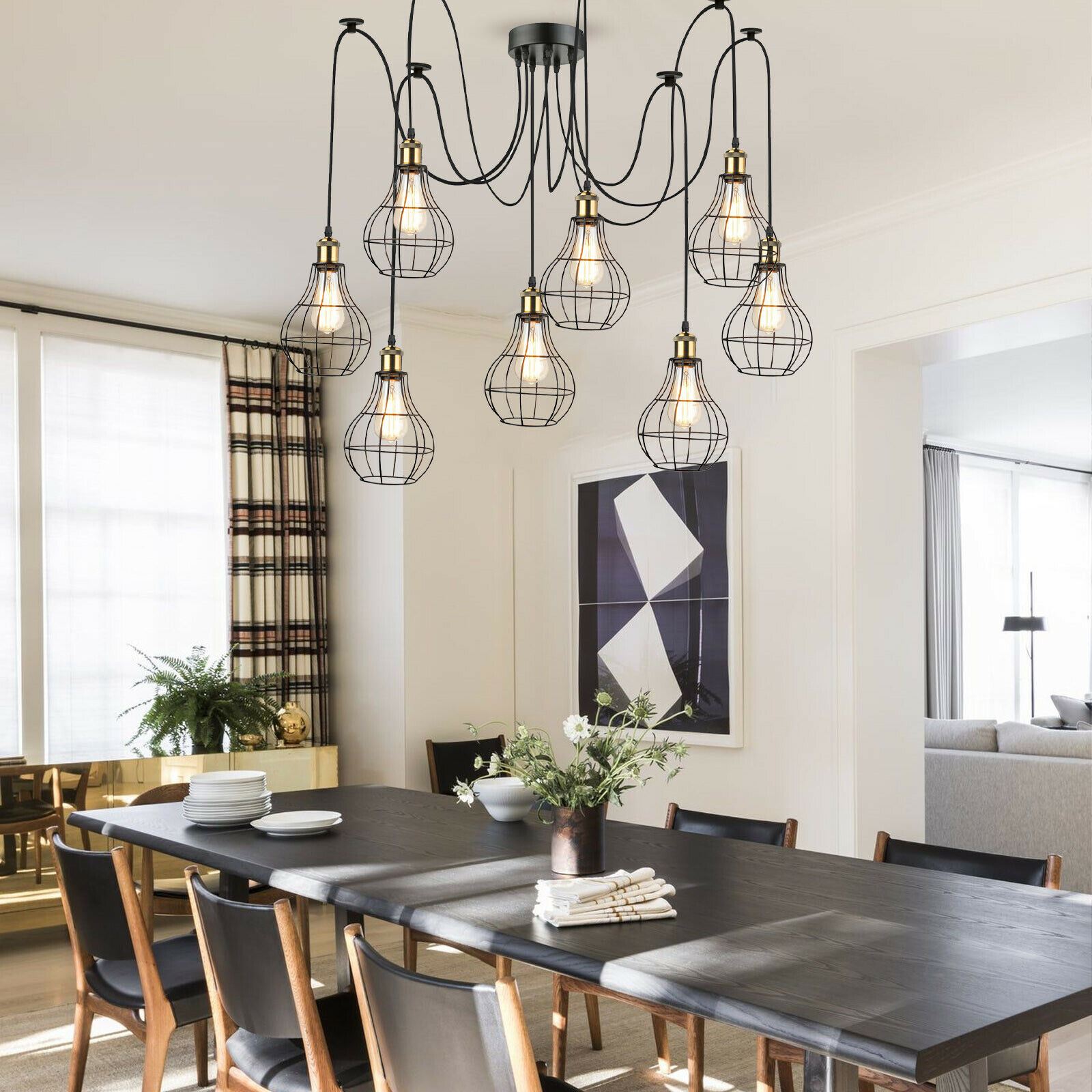 Vintage Industrial 8 Black Way Pendant Ceiling Light with eight lamp holders and a sleek black finish, ideal for home and cafe decor.