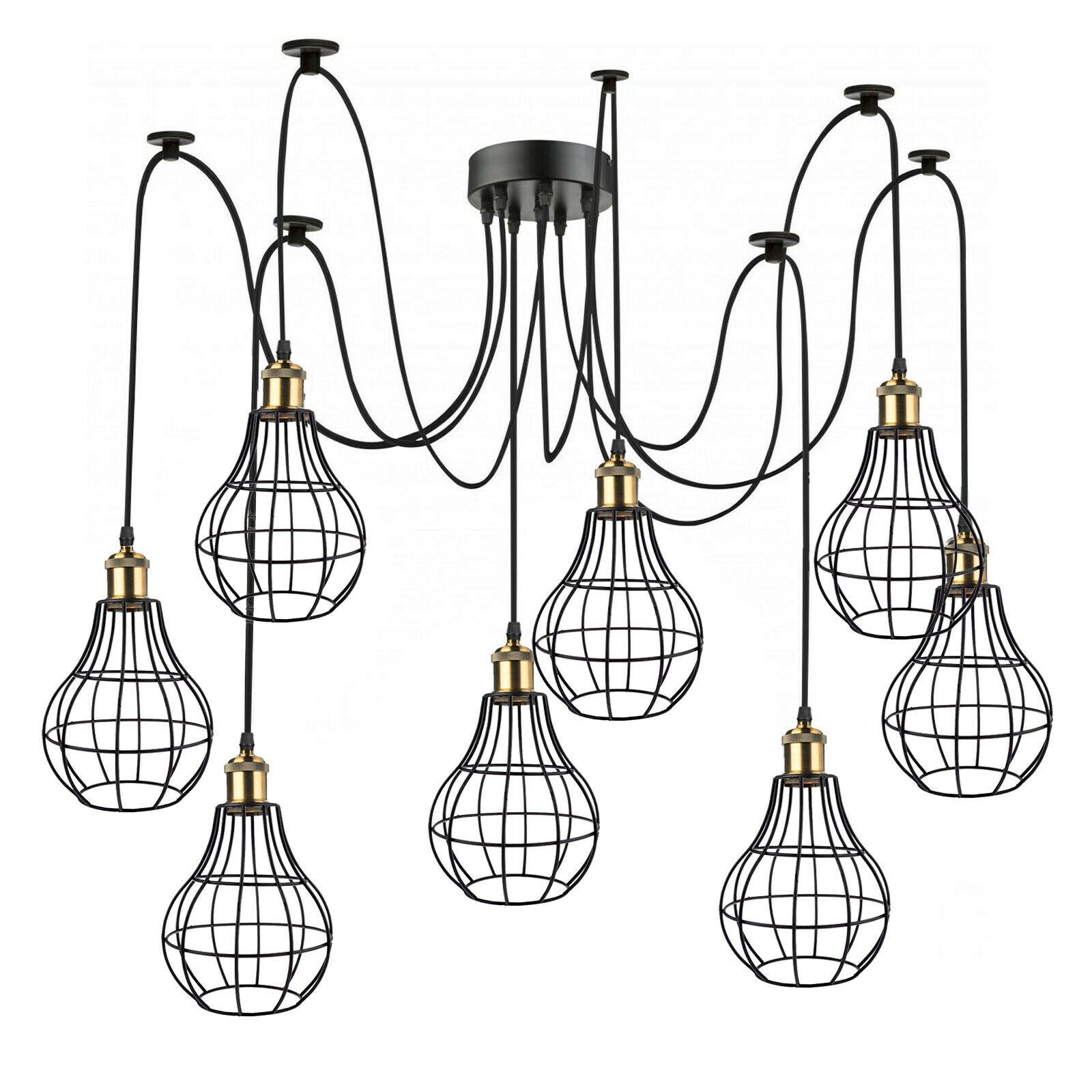 Vintage Industrial 8 Black Way Pendant Ceiling Light with eight lamp holders and a sleek black finish, ideal for home and cafe decor.