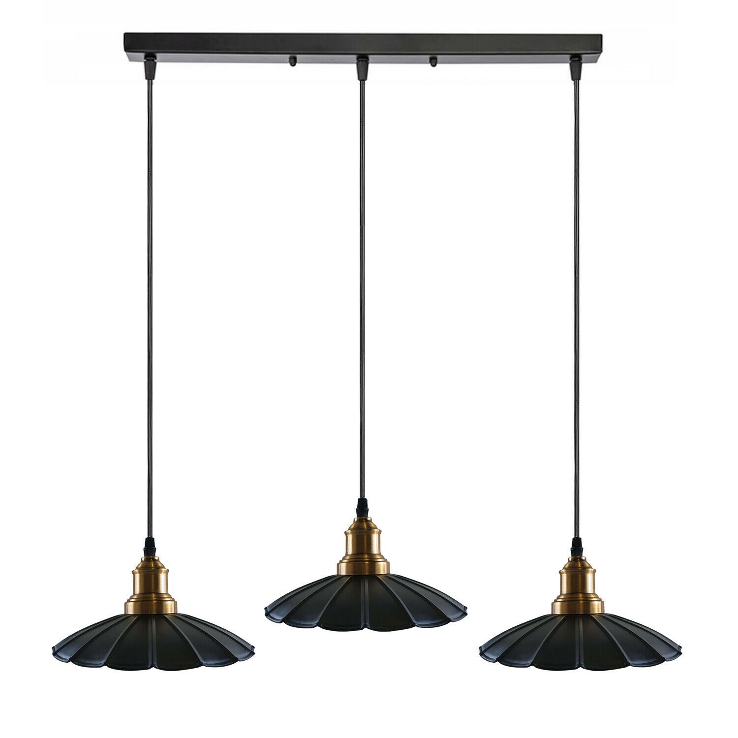 Black 3 Pendant Light featuring gold holder and three light shades, ideal for modern decor.