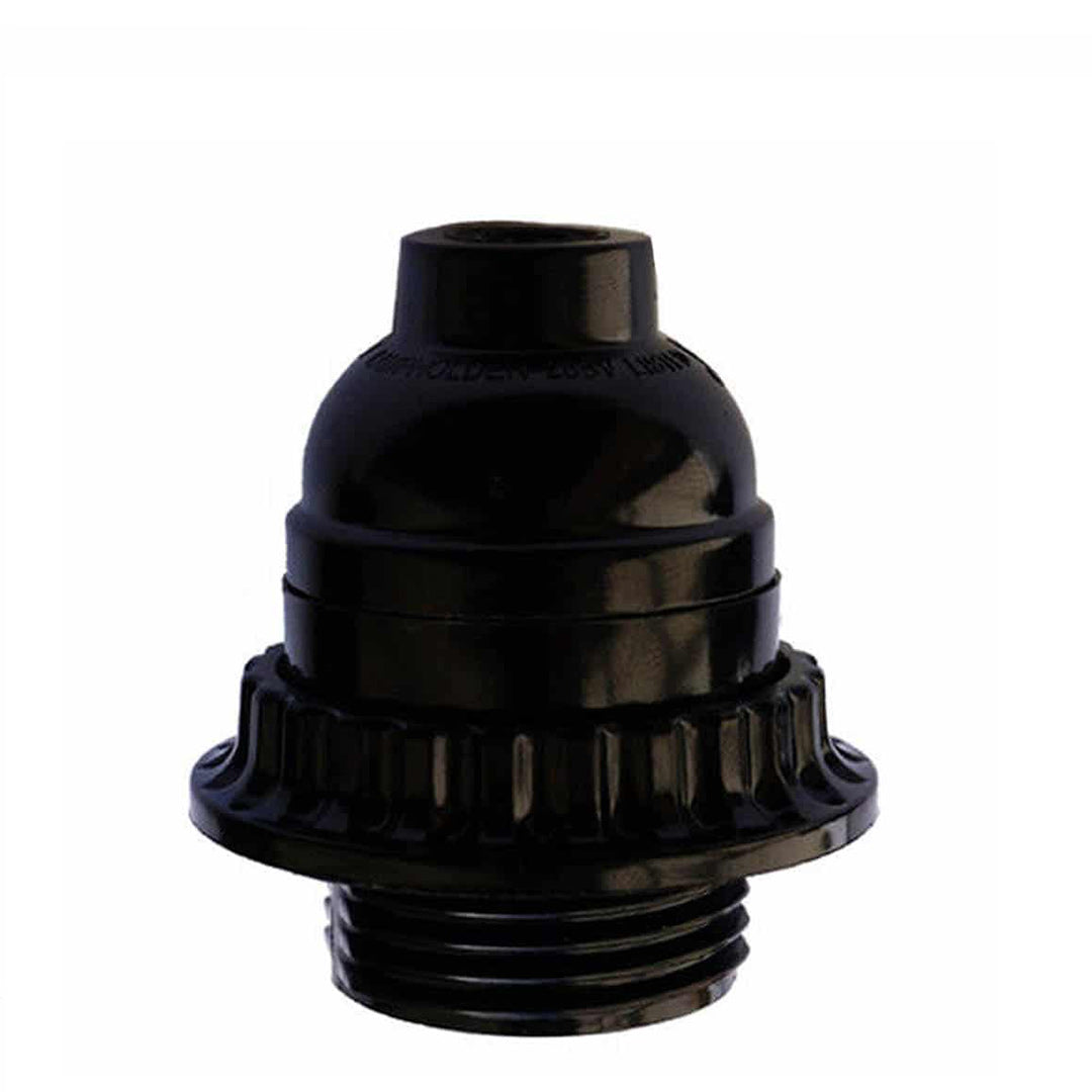 Black Bakelite E27 screw light bulb holder with ring, showcasing its vintage design and compatibility with E27 bulbs.