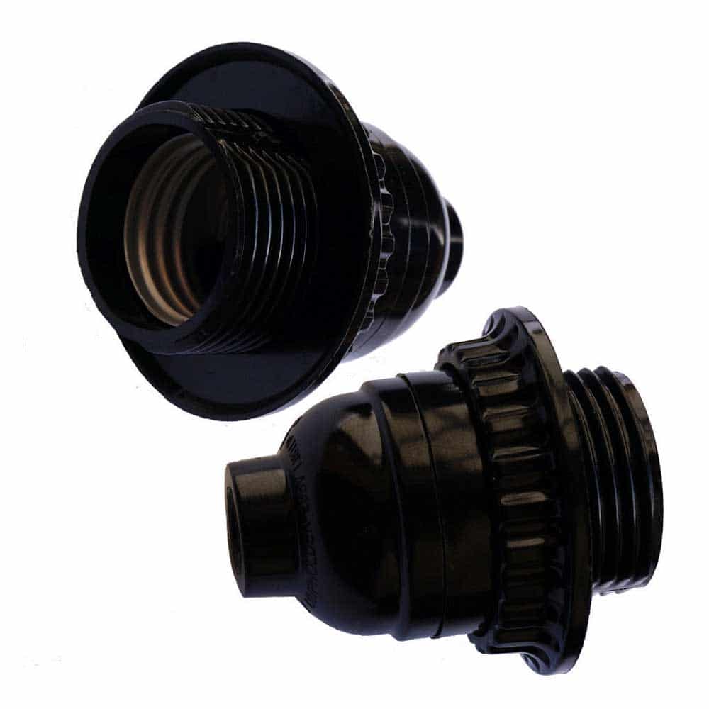 Black Bakelite E27 screw light bulb holder with ring, showcasing its vintage design and compatibility with E27 bulbs.