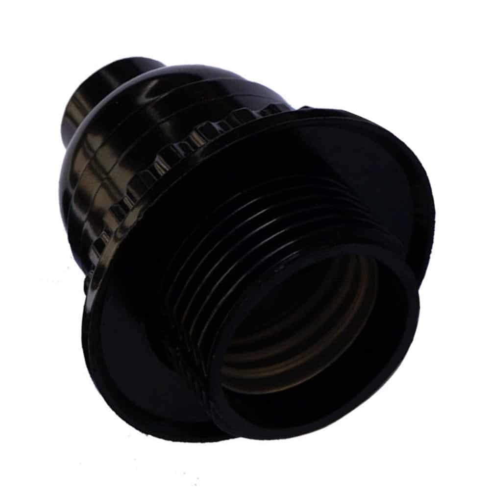 Black Bakelite E27 screw light bulb holder with ring, showcasing its vintage design and compatibility with E27 bulbs.