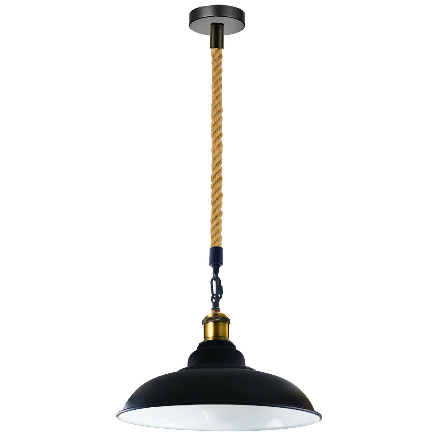 Black Barn Pendant Light featuring a vintage design with a gold holder and hemp rope, perfect for home and restaurant decor.